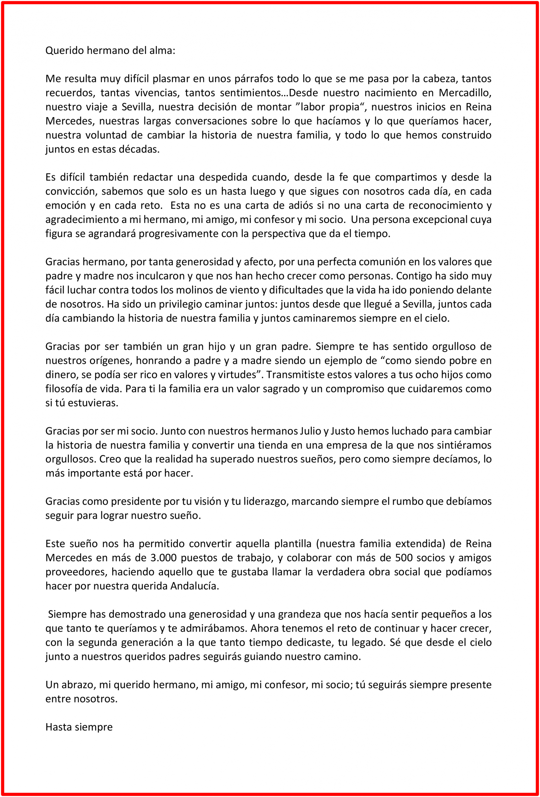 Agradecimiento y carta de Vicente Martín - Grupo MAS